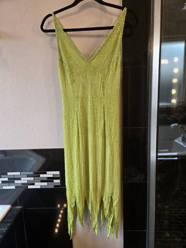 AFTER SIX Green Glass Beaded Silk Dress. V-Neck Midi Dress US 8