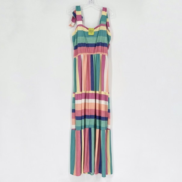 BIBI Women’s Size XL Maxi Dress NWT Multi Colored Shoulder Ties Stripe Ruffle