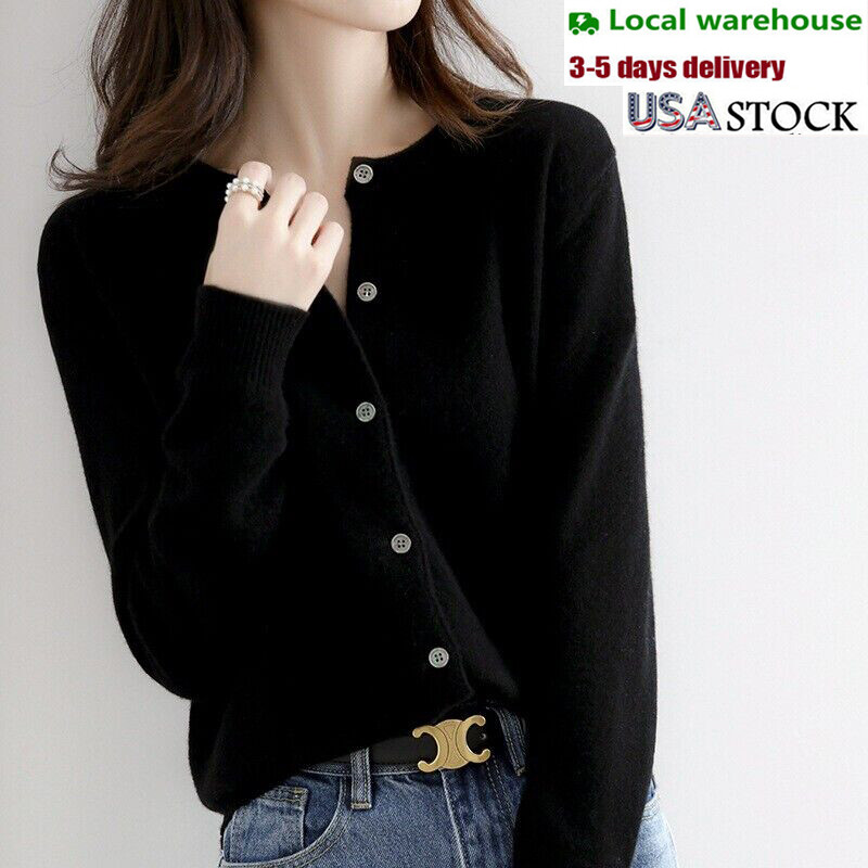 Women's Cashmere Blend Cardigan Solid Color Sweater Simple Crew Neck Jacket Coat gallery