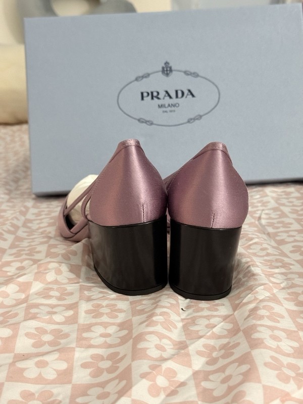 PRADA Satin Cut-Out Pointed Toe Block Heel Pumps Pink/Black Women's EU 37.5 gallery