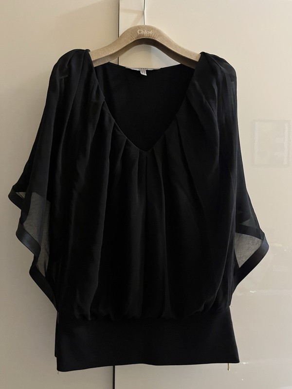 COAST Ladies Size UK 10 Black Blouse Zip Detail Sheer Sleeves Elasticated Hem