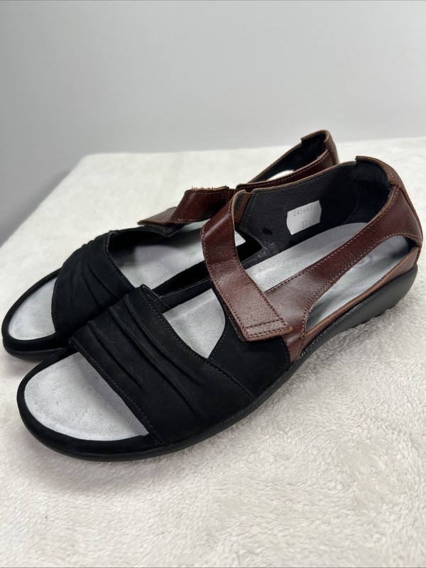 Naot Women’s Papaki Brown Leather Black Suede Flat Comfort Sandals Sz 37 US 6