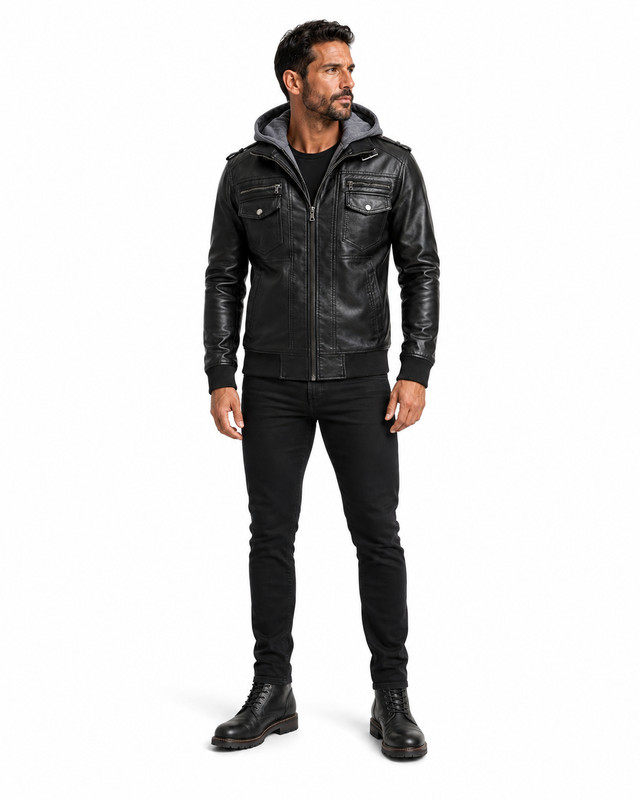 Men’s Black Genuine Leather Hooded Biker Bomber Jacket Zip Pockets