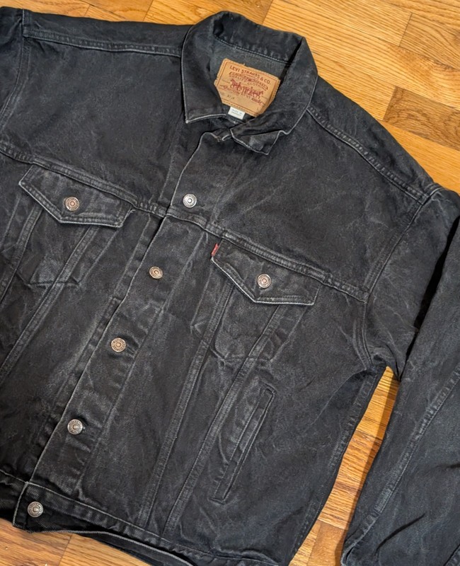 Vtg 90s LEVI'S Black Denim Trucker Jacket - LARGE - Levis 70507 4159 Distressed gallery