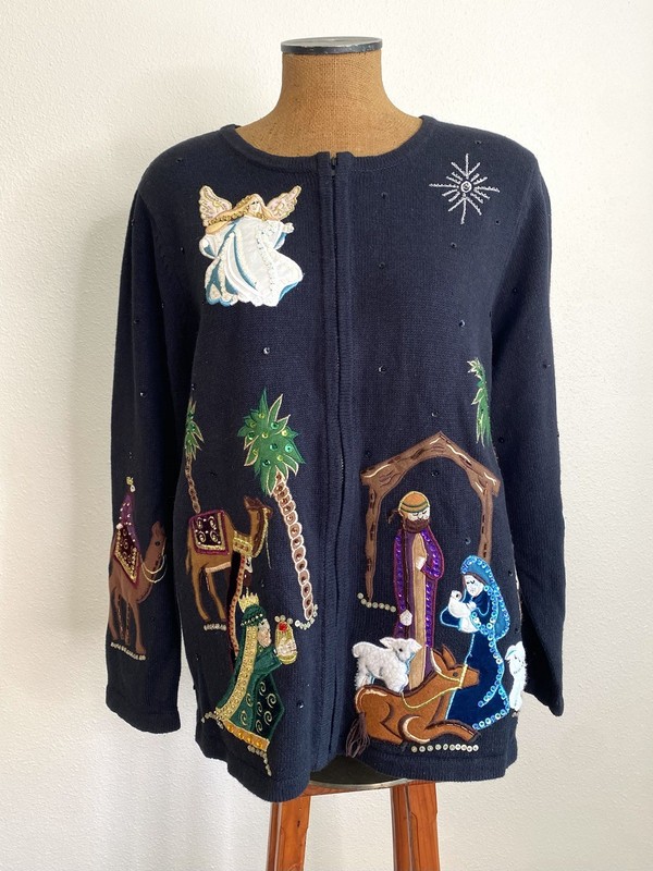 Classic 80’s 90’s Style Sequence Velvet 2X Christmas Holiday Nativity Sweater