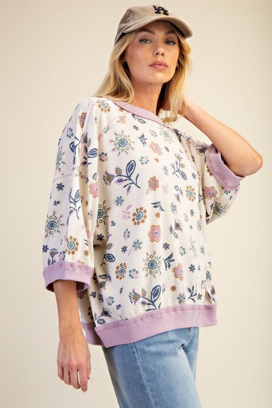 Easel Women's Wildflowers Textured Waffle Knit Top in Lilac Blue gallery