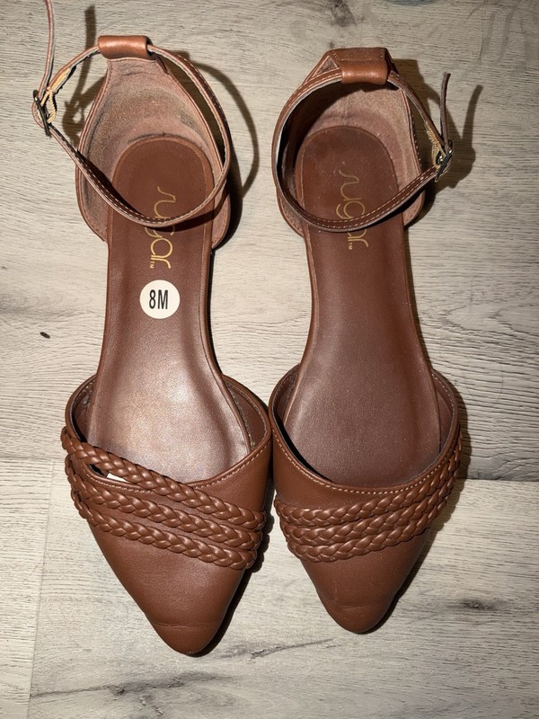 Journee Collection Women’s Brown Leather Pointed Toe Ankle Strap Flats 8