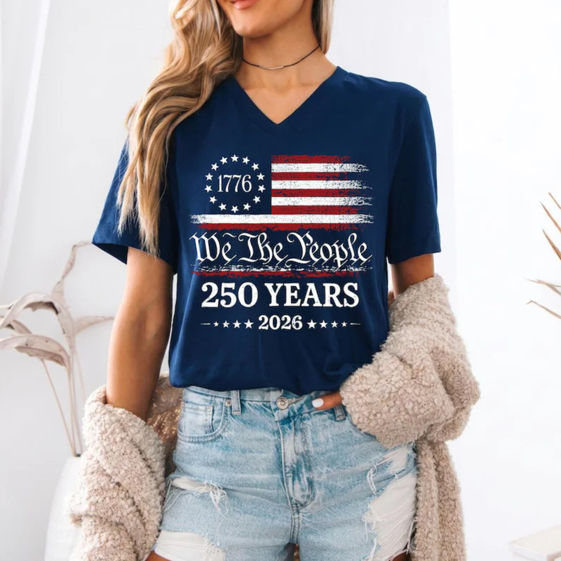 USA 250th Anniversary Women V-Neck Shirt Patriotic We The People Tee