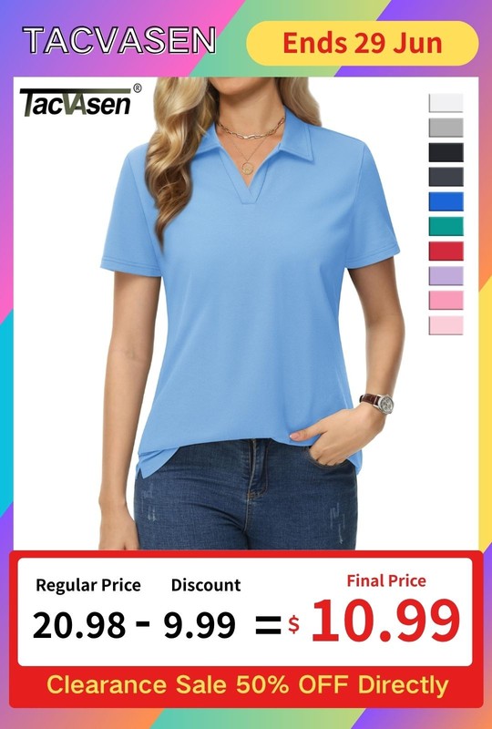 Women's Polo Shirts V-Neck Collared Short Sleeve Tops Golf Shirt Cotton Casual T gallery