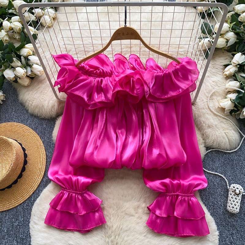 Off-Shoulder Chiffon Blouse Ruffled Trim Elegant Women’s Top