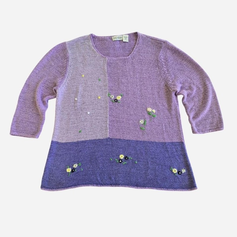 VTG cottage grannycore plus size purple monochrome embordered knit sweater / 1X