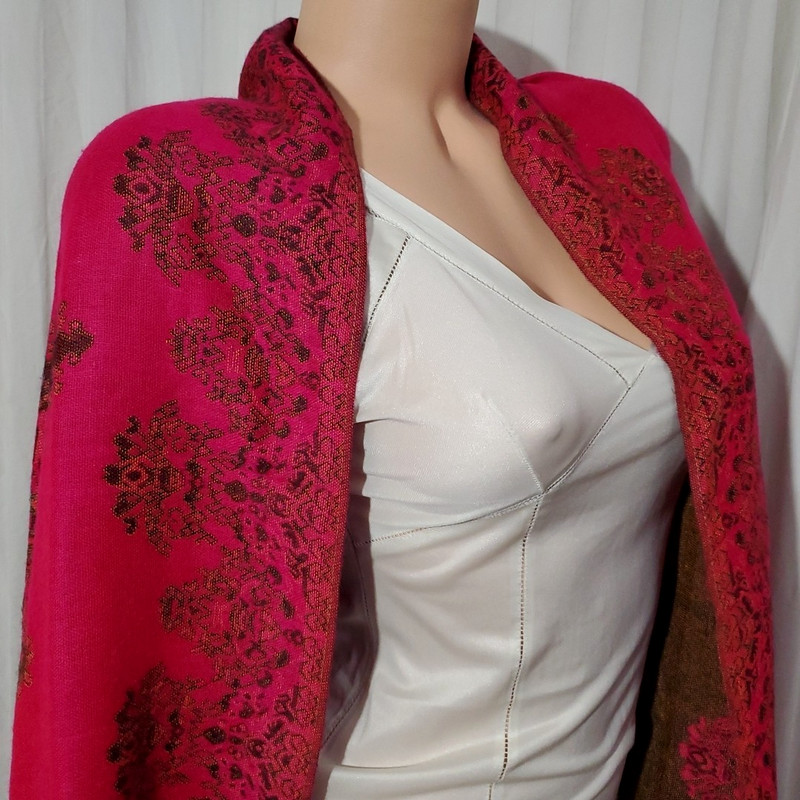 PASHMINA WOOL & SILK Scarf Shawl Wrap Cover Up PINK MANDALA Rectangle 70 X 28 gallery