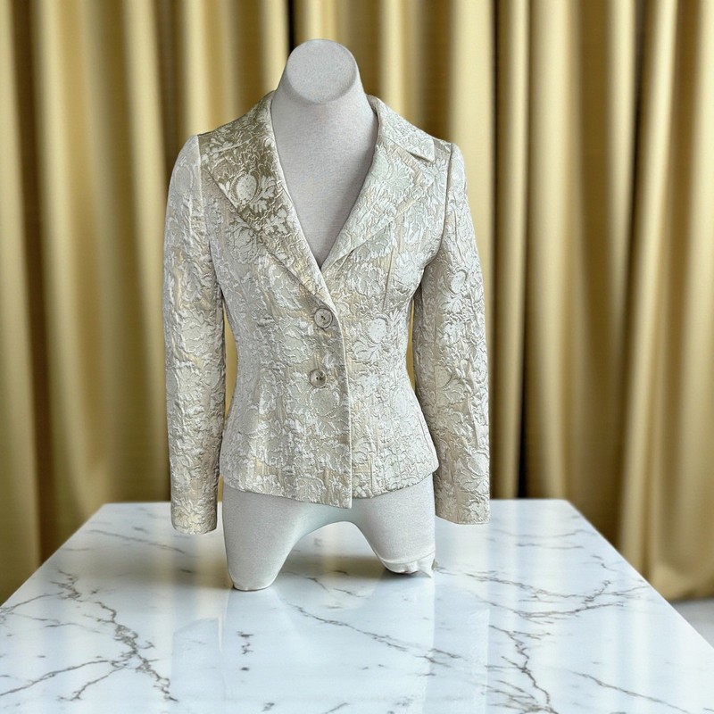 Ann Taylor Blazer Metallic Beige Gold Brocade Jacquard Fitted Glam Size 4