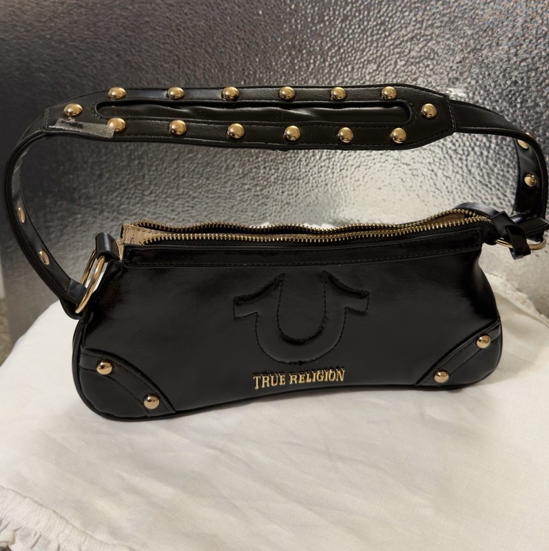 NWT True Religion Shiny Black Horseshoe Studded Shoulder Handbag Charm Gold