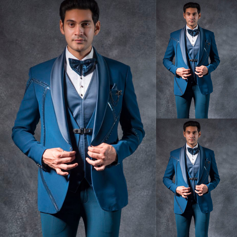 Blue Men’s Suits Formal Prom 3Pcs Slim Fit Jacket Blazer Single Breasted Coat
