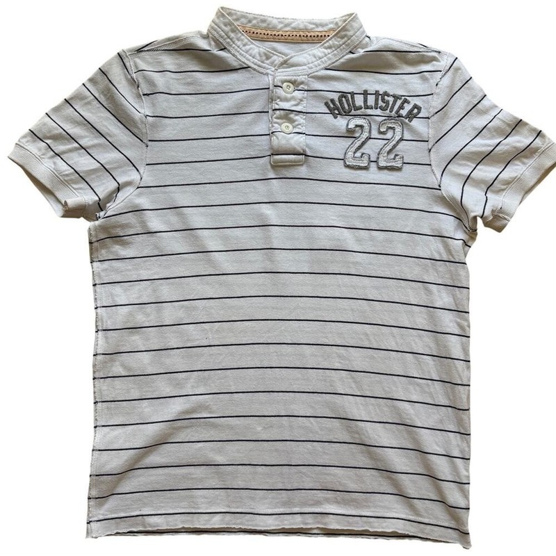 Hollister Men’s Henley White Blue Striped Embroidered #22 Short Sleeve Shirt Y2K
