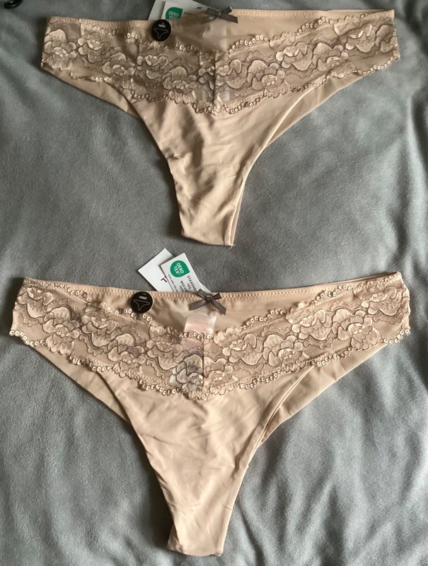 2 Pep & Co -Dark Beige Thongs Mesh & Lace & Grey Bow Size XXL – BNWTS