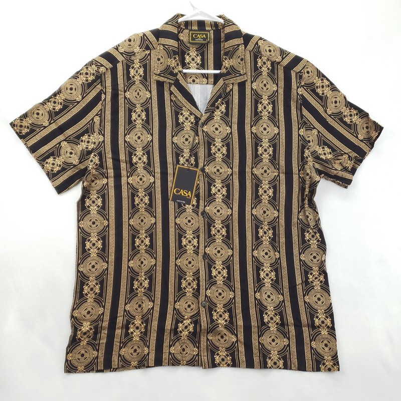 NEW Casa Moda Couture Shirt Mens L Black Gold Short Sleeve Camp Button-Up