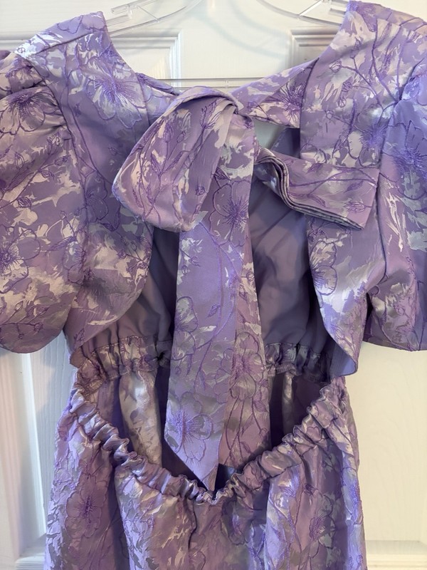 Unknown Factory Purple Jacquard Floral Puff Sleeve Fit & Flare Dress M gallery