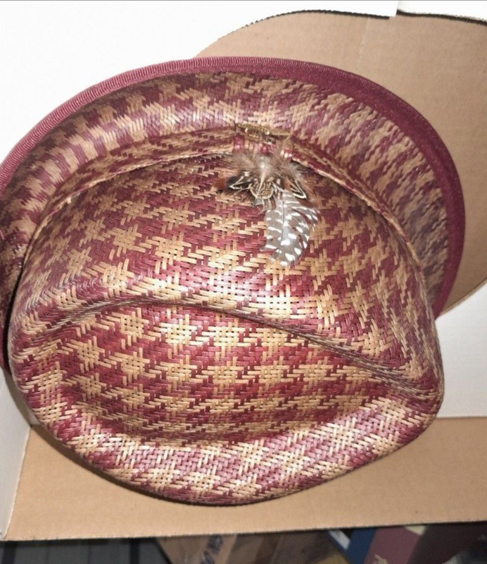Stacy Adams Men’s Fedora Hat Burgundy Beige Houndstooth Pattern Stylish Fedora