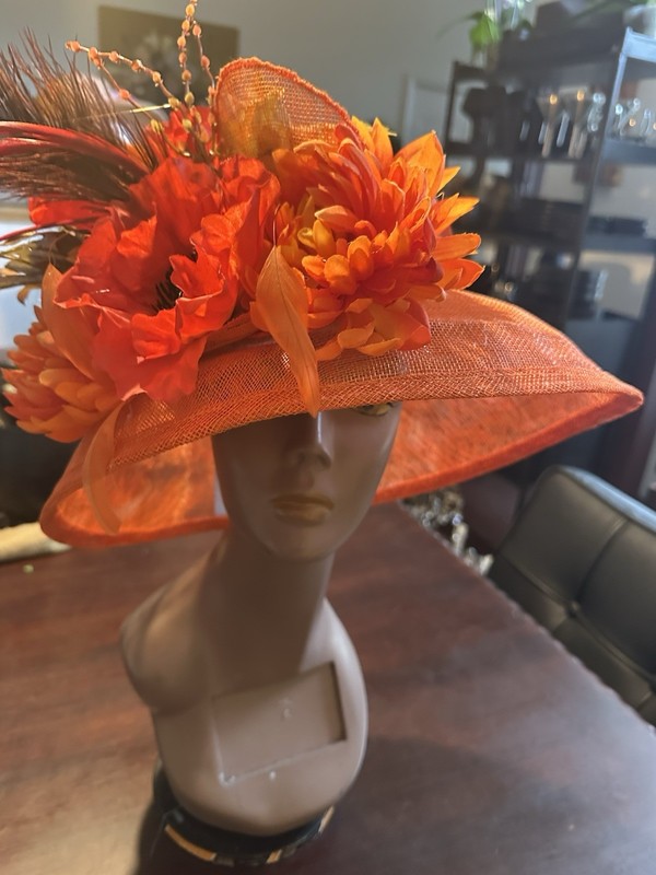 Derby, Wedding, Cocktail Party Orange Unique Hand Decorated Floral Hat gallery