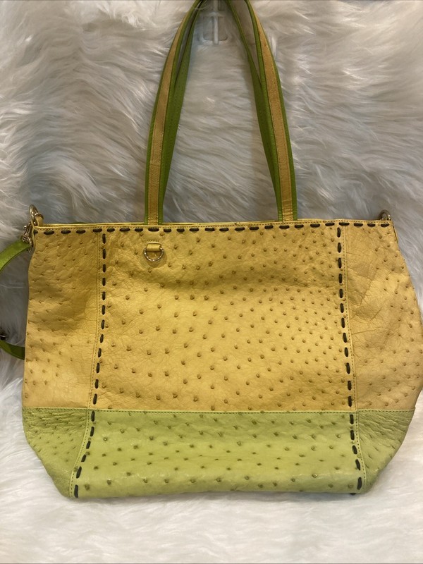 Genuine Ostrich Leather 2Way Tote Shoulder Bag Yellow Lime Green 42cm
