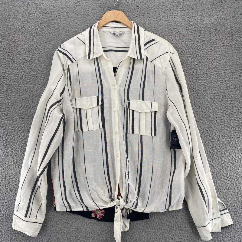 John Mark Shirt Women Large White Multi Striped Floral Linen Blend Tie Front NWT