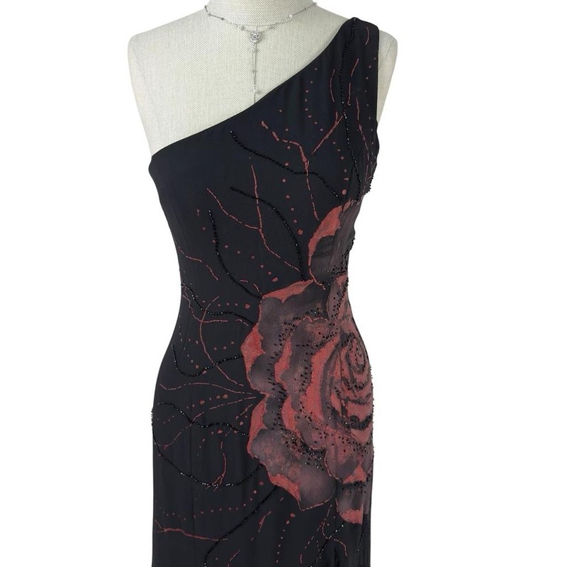 Vintage Black Chiffon One Shoulder Beaded Rose Art Evening Maxi Dress Gothic XS gallery