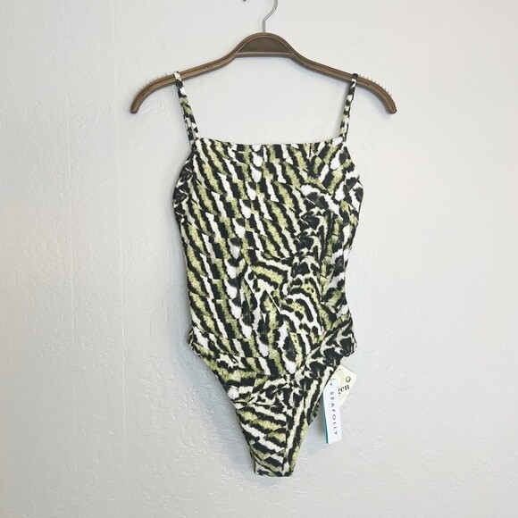 SEAFOLLY Women US Size 4 Olive Oil Print Mandalay Square Neck One Piece Swimsuit