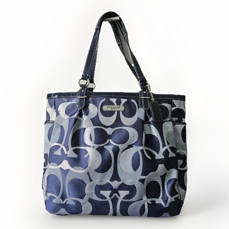Coach Optic Art Signature C Logo Tote Bag Large Patent Blue Silver F19675 Purse