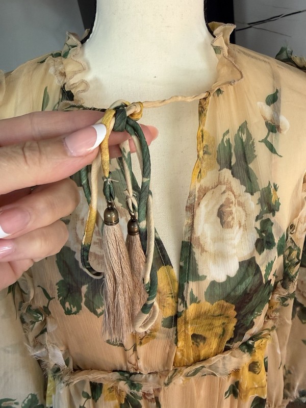 o.p.t Beige Floral Chiffon Midi A-Line Dress V-Neck Tassel Ruffle Size S gallery