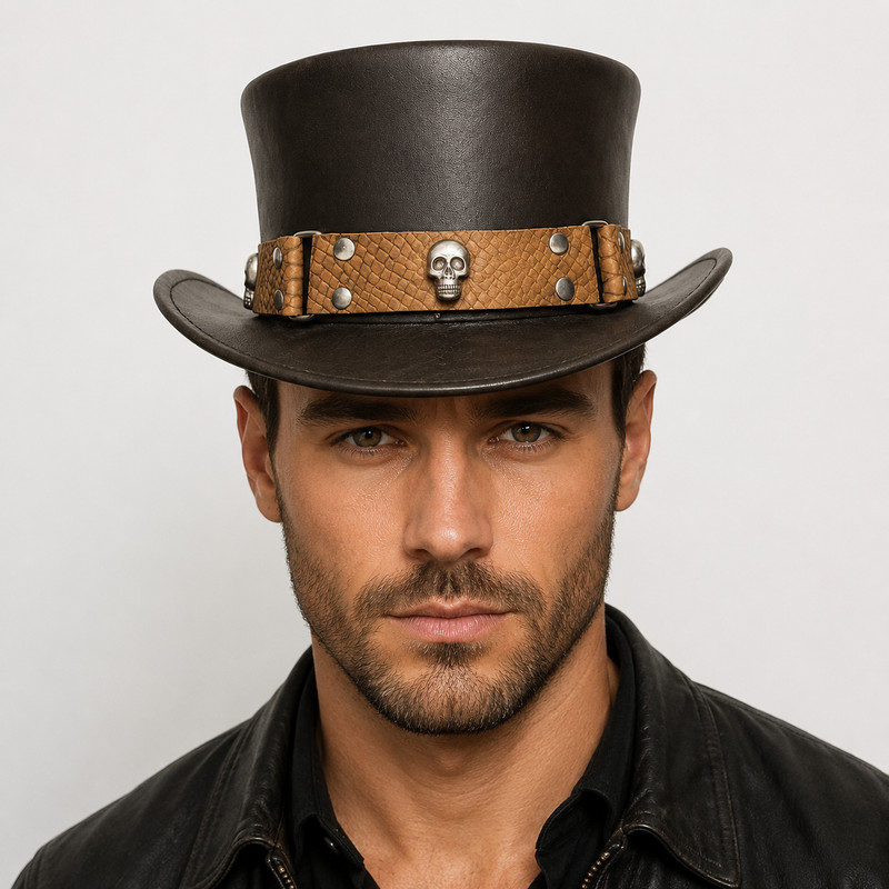Handmade Black Leather Skull Top Hat Snakeskin Band Silver Rivets Gothic – New