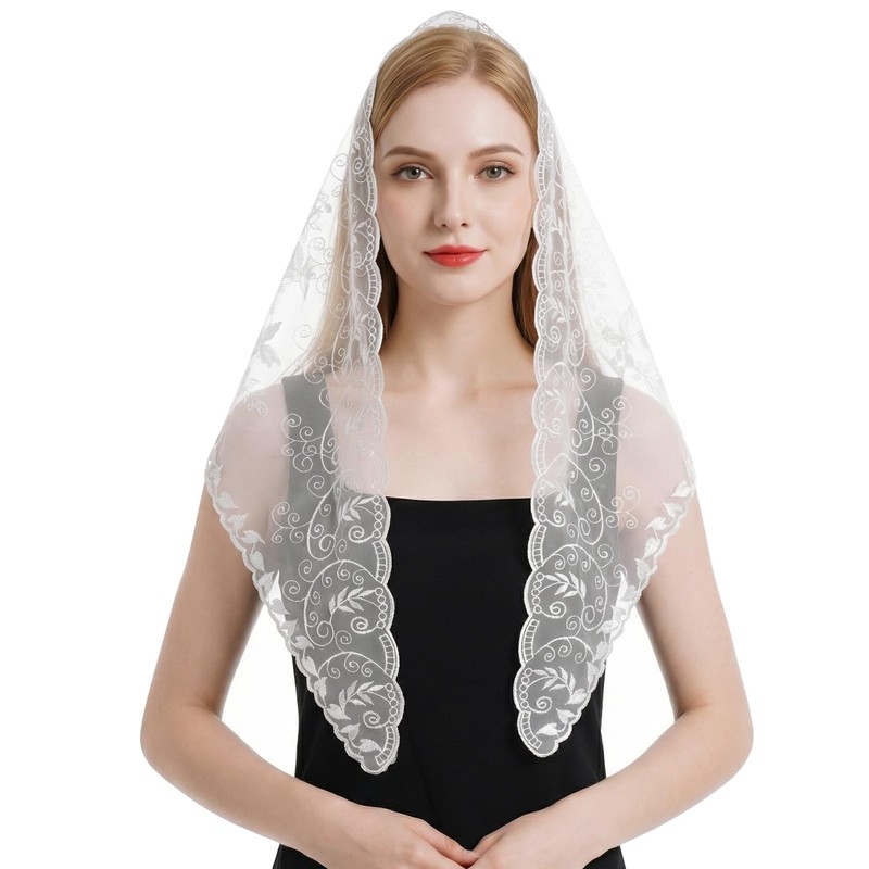 Triangle Lace Mantilla Veil with Tassel Tulle Scarf Shawl Cathedral Head Cove…