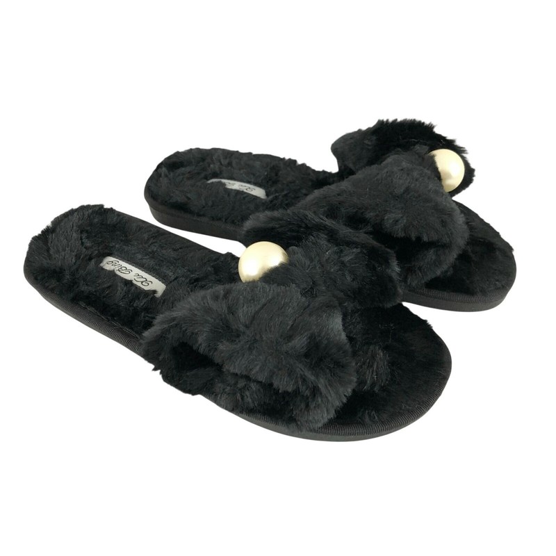 Womens Slippers Slides Faux Fur Pearl Black Slip On Size 36/37 US 5/6