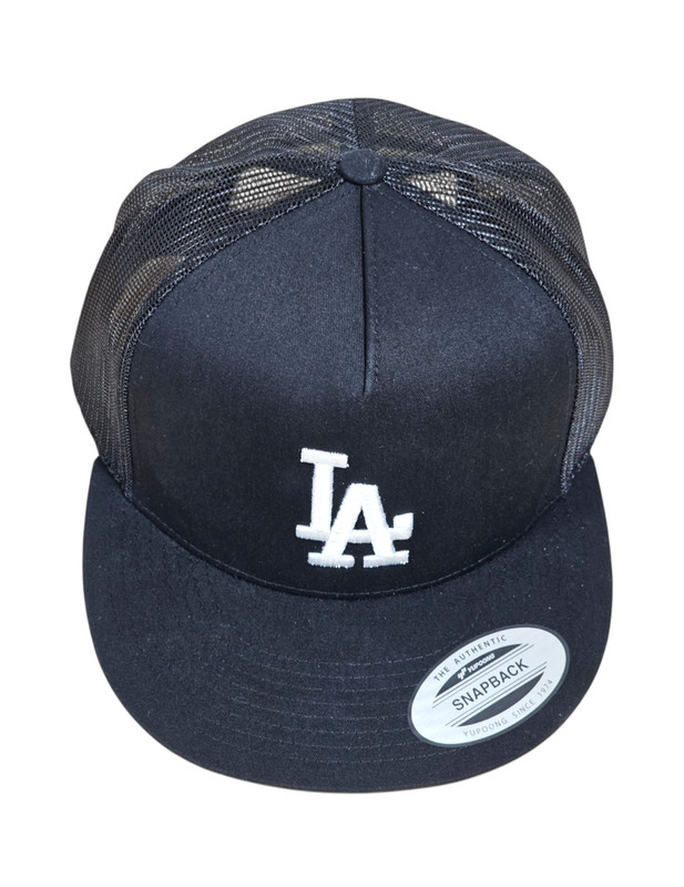 3D LA WHITE Embroidered BLACK & BLACK Flat Bill Snapback Yupoong Trucker Hat NEW gallery