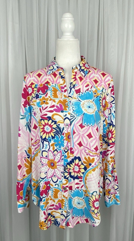 Figueroa & Flower Women’s Size S Pink Blue Colorful Floral Button Up Blouse