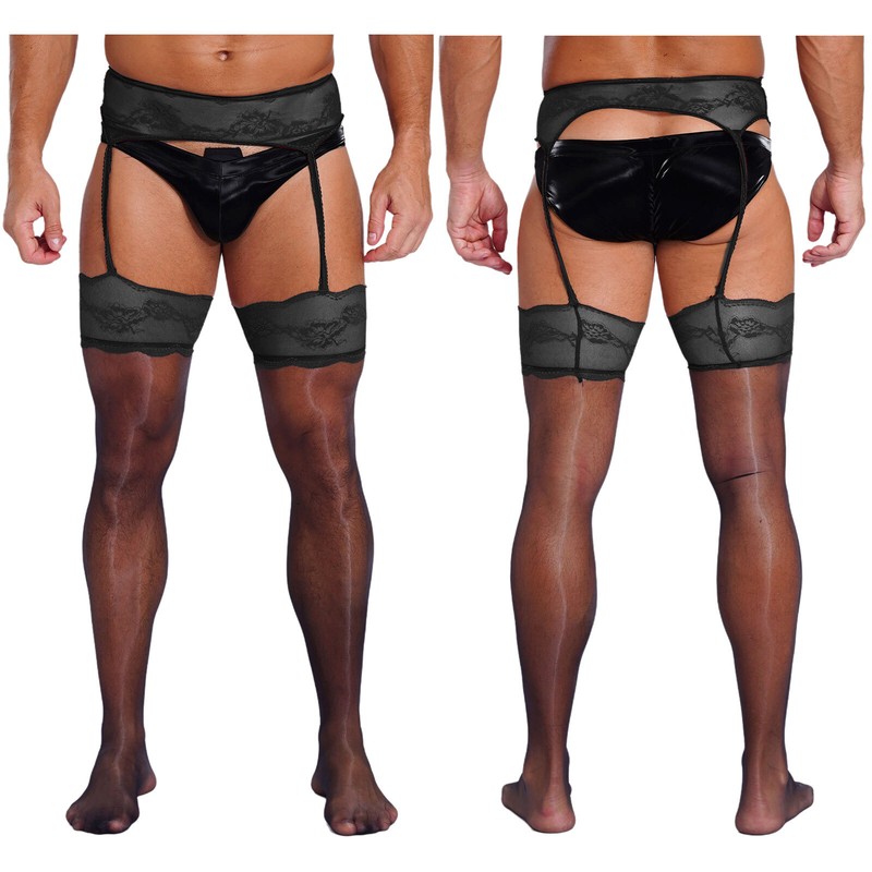 Men Stocking Glossy Long Socks Dance Pantyhose Lace Lingerie Sheer High Waist
