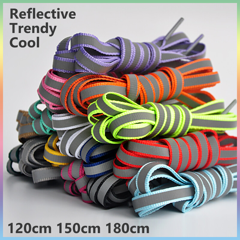 Reflective Coloured Flat Shoelaces Trainer Sneaker Shoe Laces 120 150 180cm