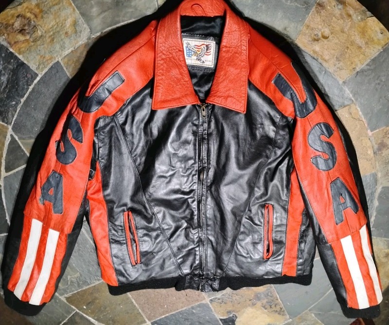 Vintage Leatherworks USA Flag Leather Riding Motorcycle Jacket Mens Med Red Blak