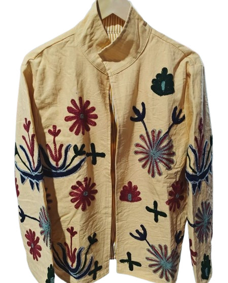 Handmade Canvas Cream Embroidered Jacket Boho Folk Art Floral Statement Coat