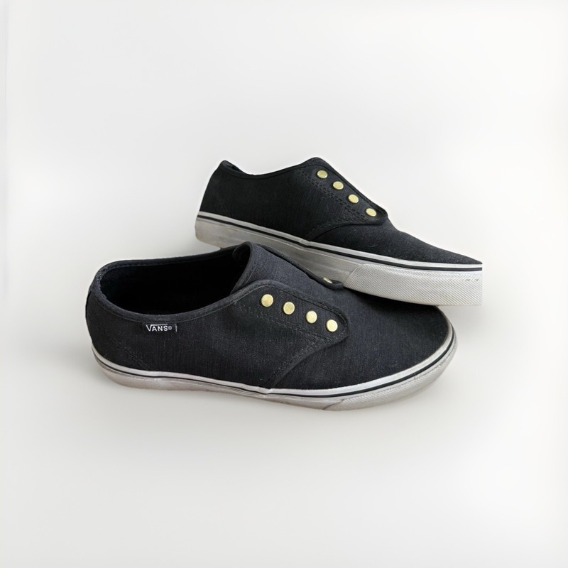 Vans Women’s Size 8 Slip-On Black Canvas Casual Shoes Gold Tone Eyelets