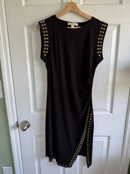 MICHAEL Michael Kors Women’s Black Midi Side-Slit Dress with Gold Studs Medium