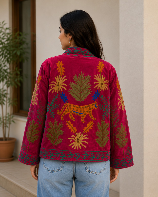 Pink Velvet Suzani Jacket Leopard Animal Embroidered Ethnic Women Boho Coat US gallery