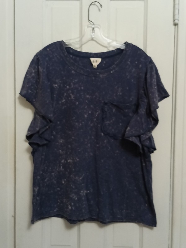 BiBi Tie Dye T-Shirt Blue Ruffle Short Sleeve Shirt 100% Cotton Top E3