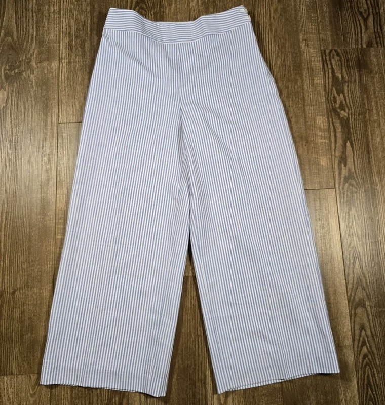 Talbots Pants Womens 6 Blue Striped Linen Blend Wide Leg Crop Nautical Coastal