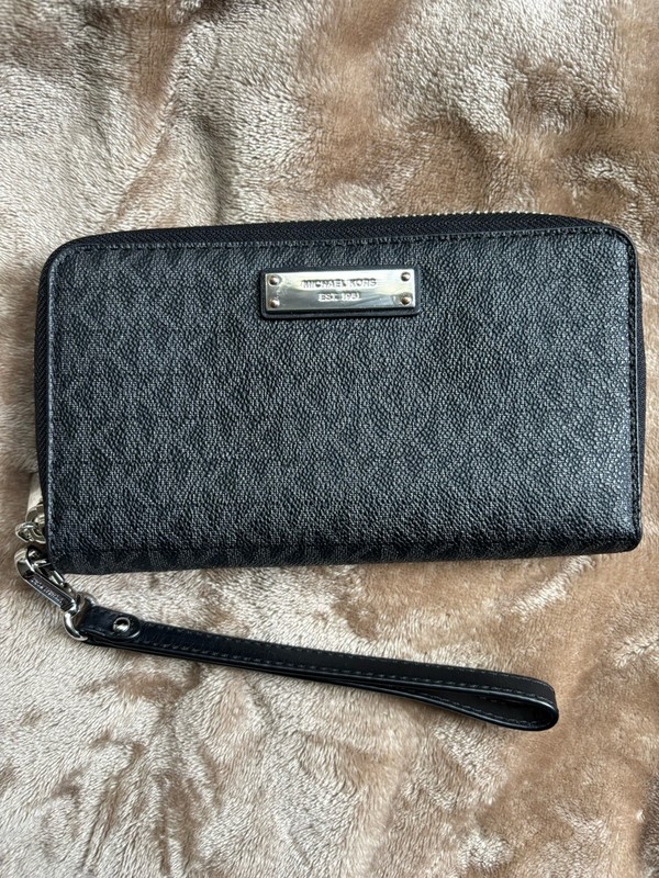 Michael Kors Black Pebbled Zip Wristlet with Silver Plate