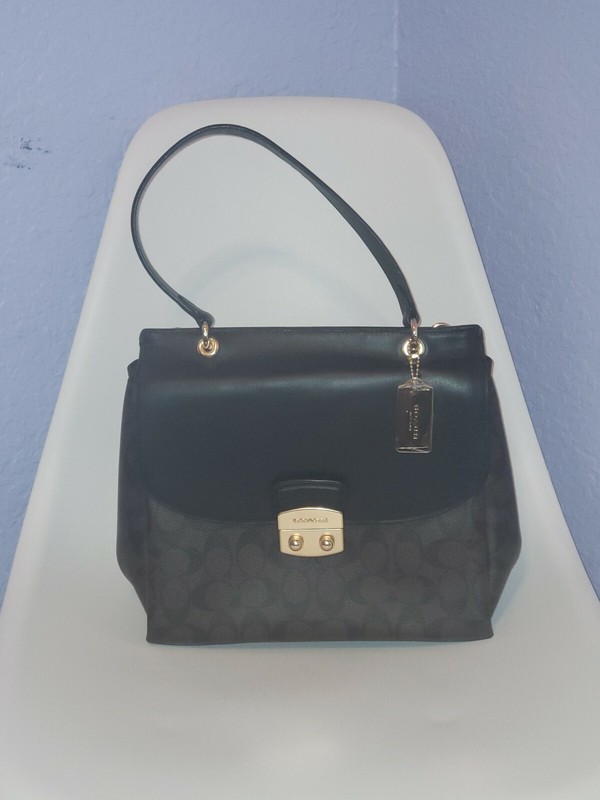 RARE COACH SIGNATURE AVARY FLAP LEATHER CARRYALL BRWN/BLK/GOLD NWT MSRP $450
