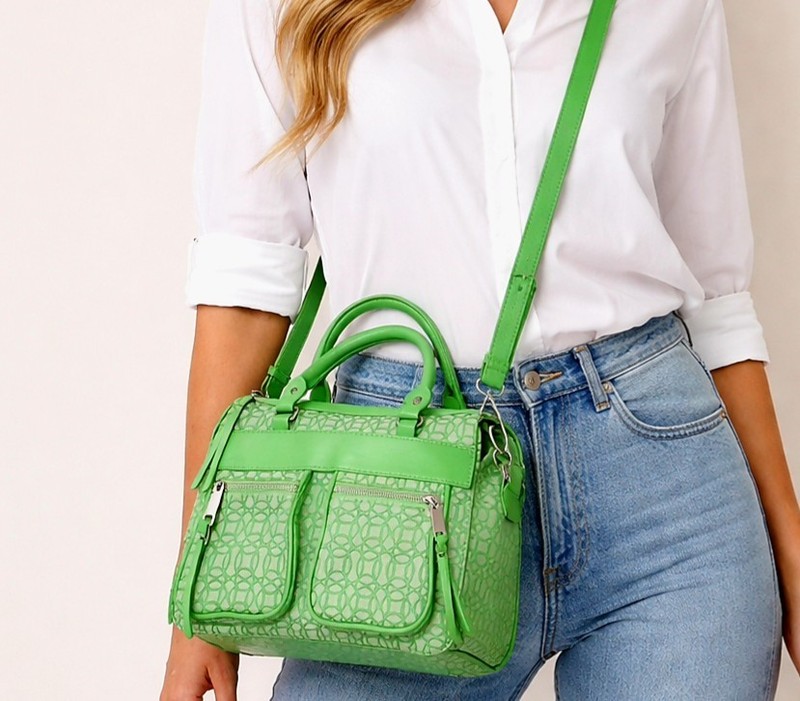 Satchel Crossbody Bag Womens Small Green Geometric Print Faux Leather Purse