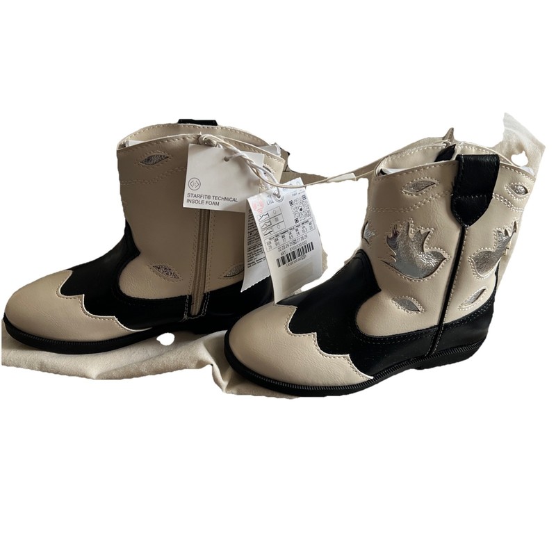 New Zara Kids Western Style Cowboy Boots Black White Silver Size 26