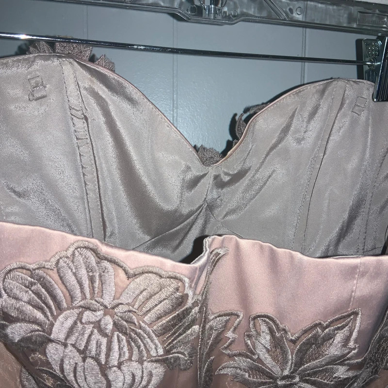 Gather Beauty taupe brocade floral lace embellished strapless dress Sz 10 lined gallery